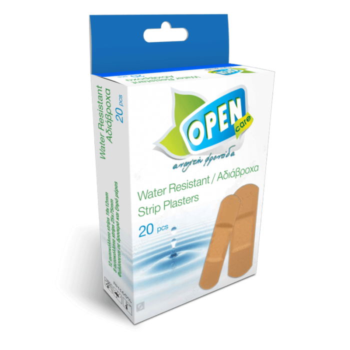 Επιθέματα αυτοκόλλητα αδιάβροχα OPEN CARE Strips water resistant assorted (2 μεγέθη) 20 τμχ.